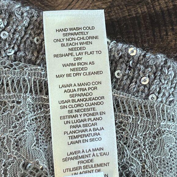 Chicos Sz 2/L Samantha Shine Womens V-Neck Sweater Gray Silver Sequins Lace Hem - Picture 7 of 14